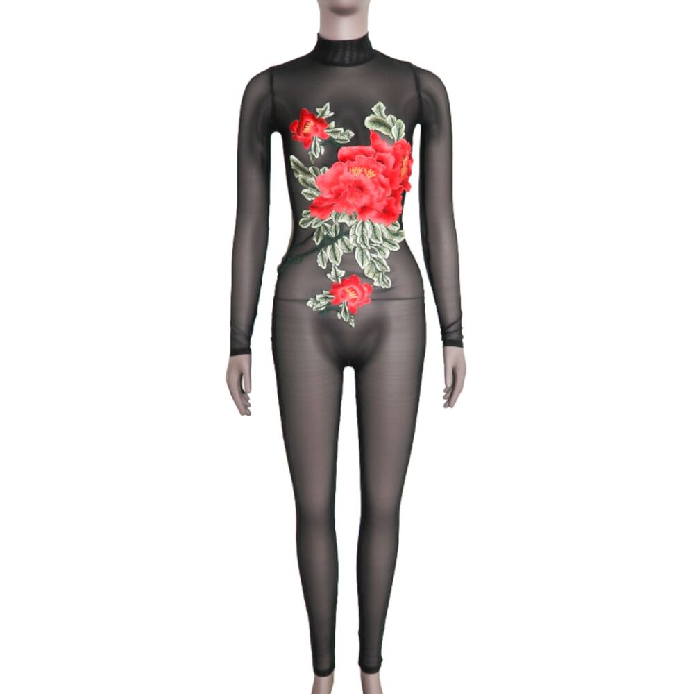 Black Sheer Floral Mesh Jumpsuit Size Small Catsuit - Picture 4 of 7
